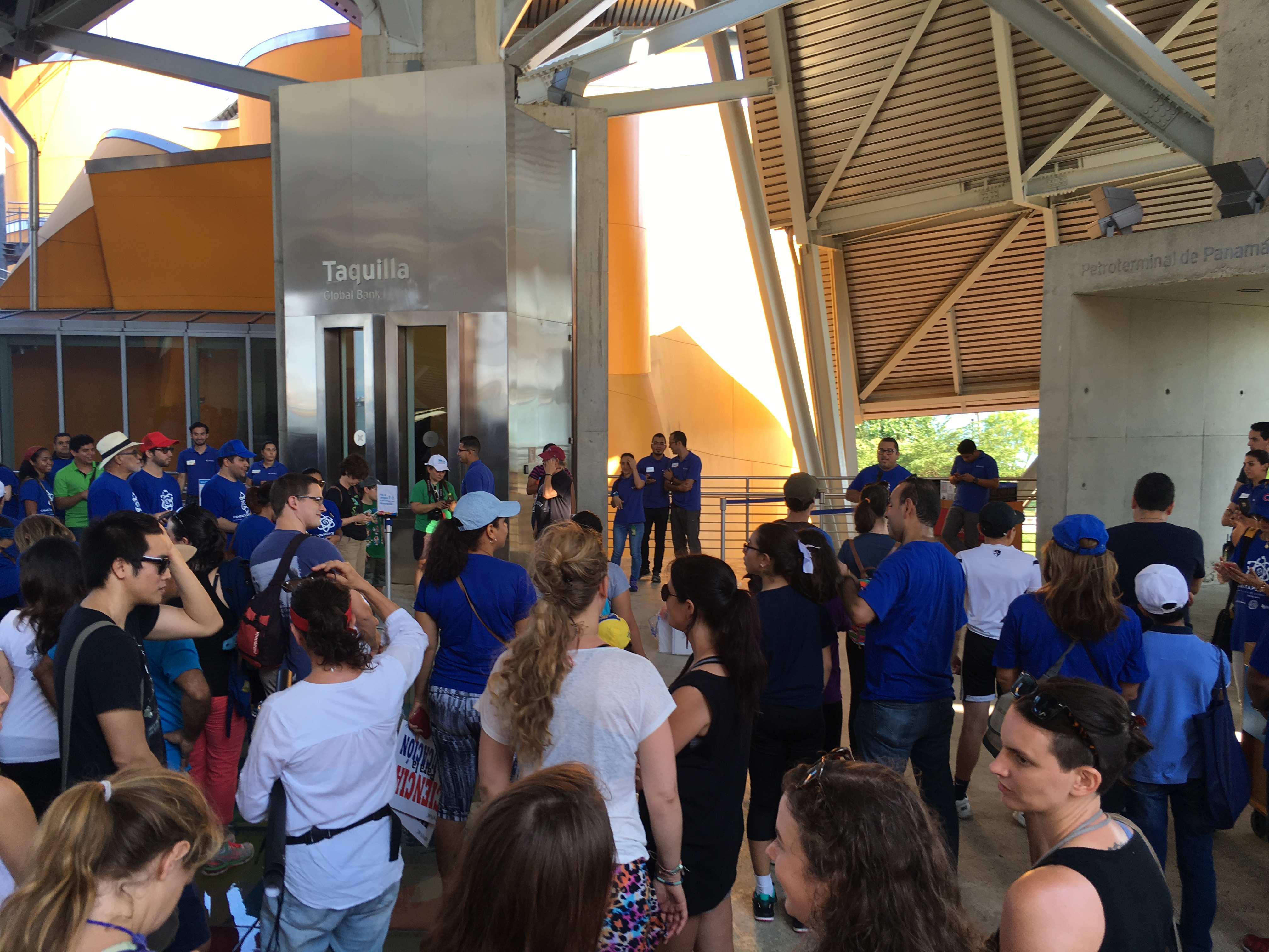 Supporters of science congregate in the atrium of the BioMuseo in Panama City, Panama.